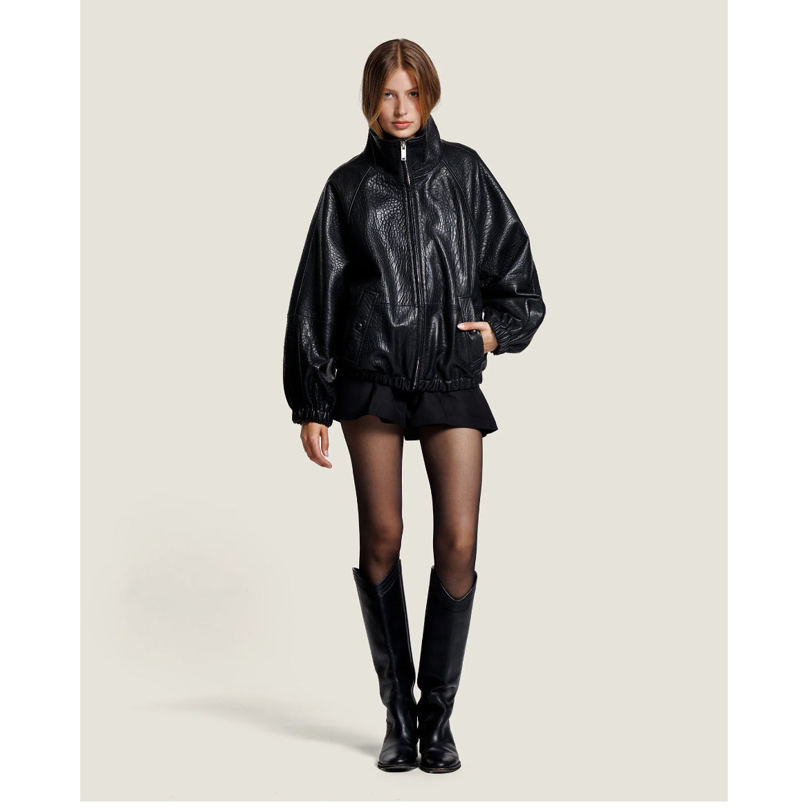Bomber oversize cuir "Marley" - Noir