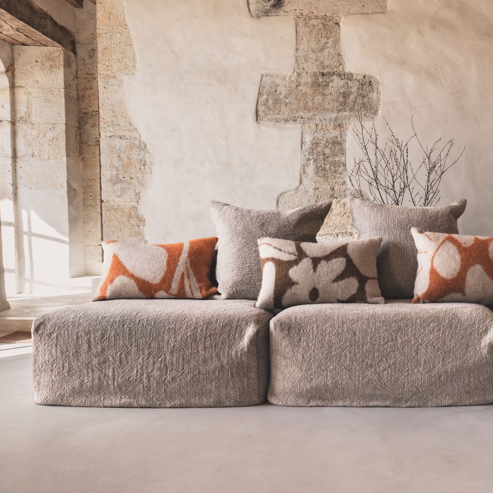 Coussin en laine à motifs fleuris "Mimo" - Cacao