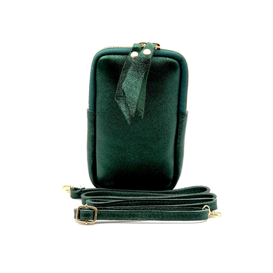 Pochette smartphone cuir - Vert sapin métal