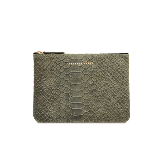 Petite pochette "Monoï" cuir Snake kaki