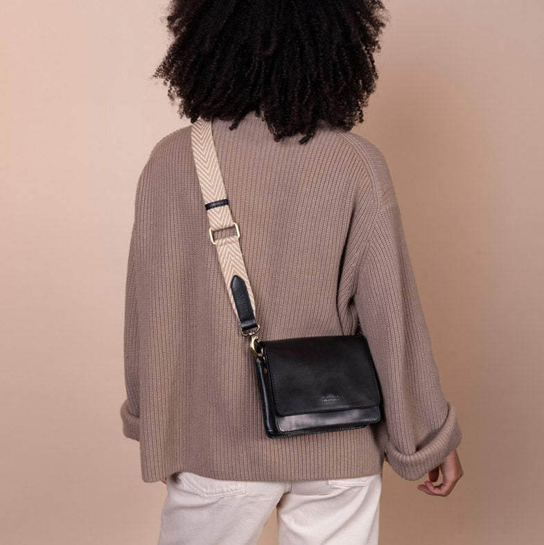 Anse-sangle chevron beige/écru & cuir - Noir