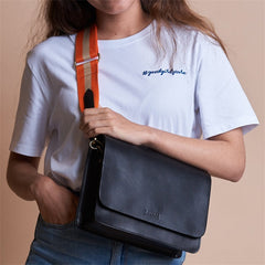 Anse-sangle rayée orange & cuir - Noir