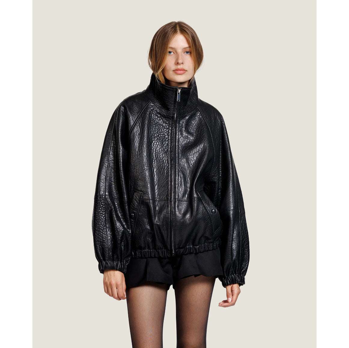 Bomber oversize cuir "Marley" - Noir