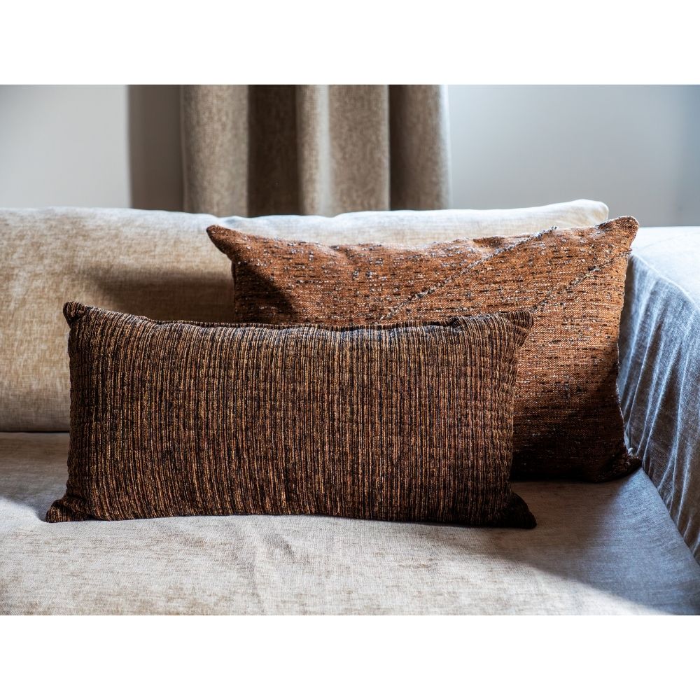 Coussin tweed & velours bi-face "Milton" - Cannelle