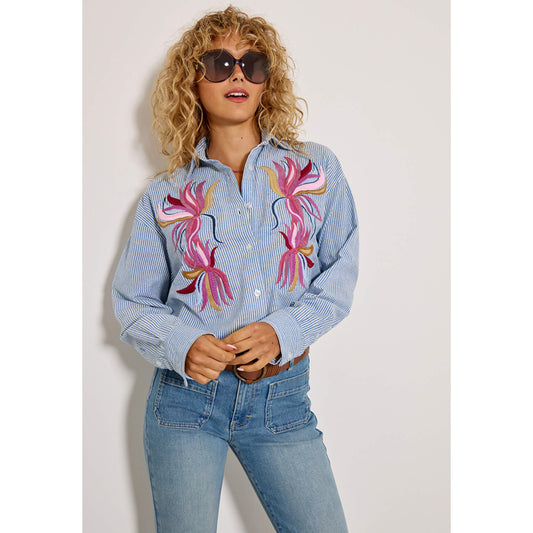 Chemise brodée "Colombe" - Rayure indigo