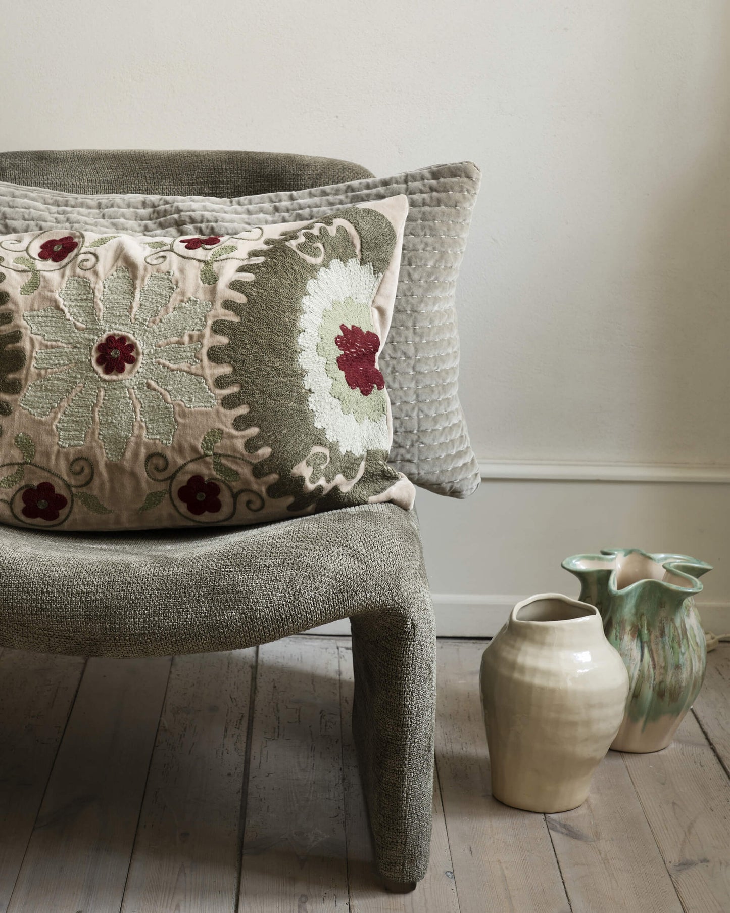 Housse de coussin velours quilté - Kaki clair