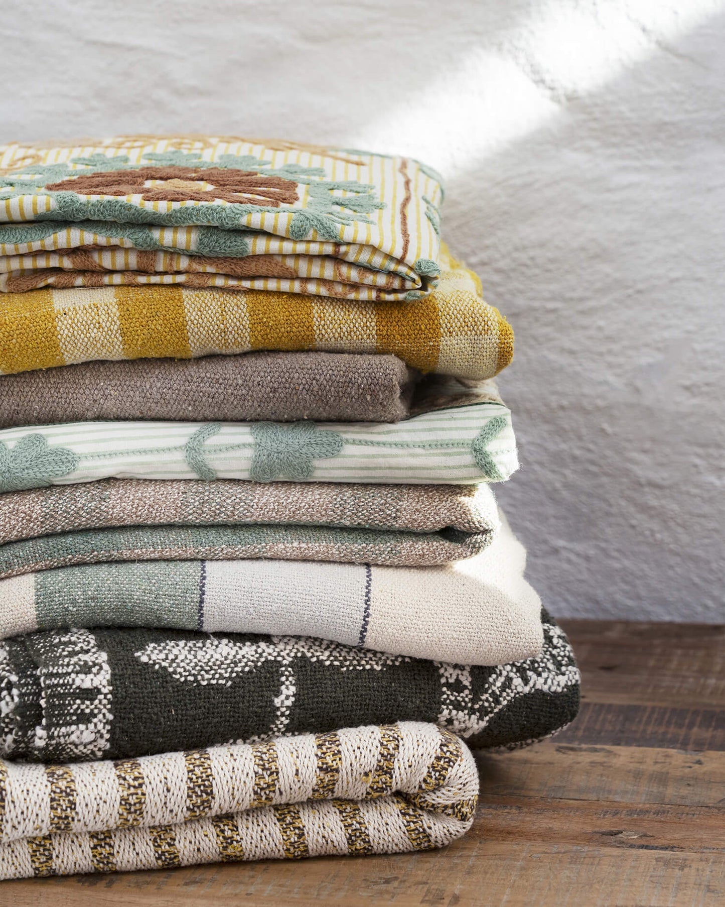 Plaid coton recyclé rayé - Naturel/vert