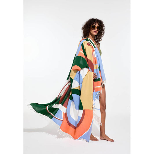 Fouta/Drap de plage "Rêve ta Poésie" - Corail/nuage