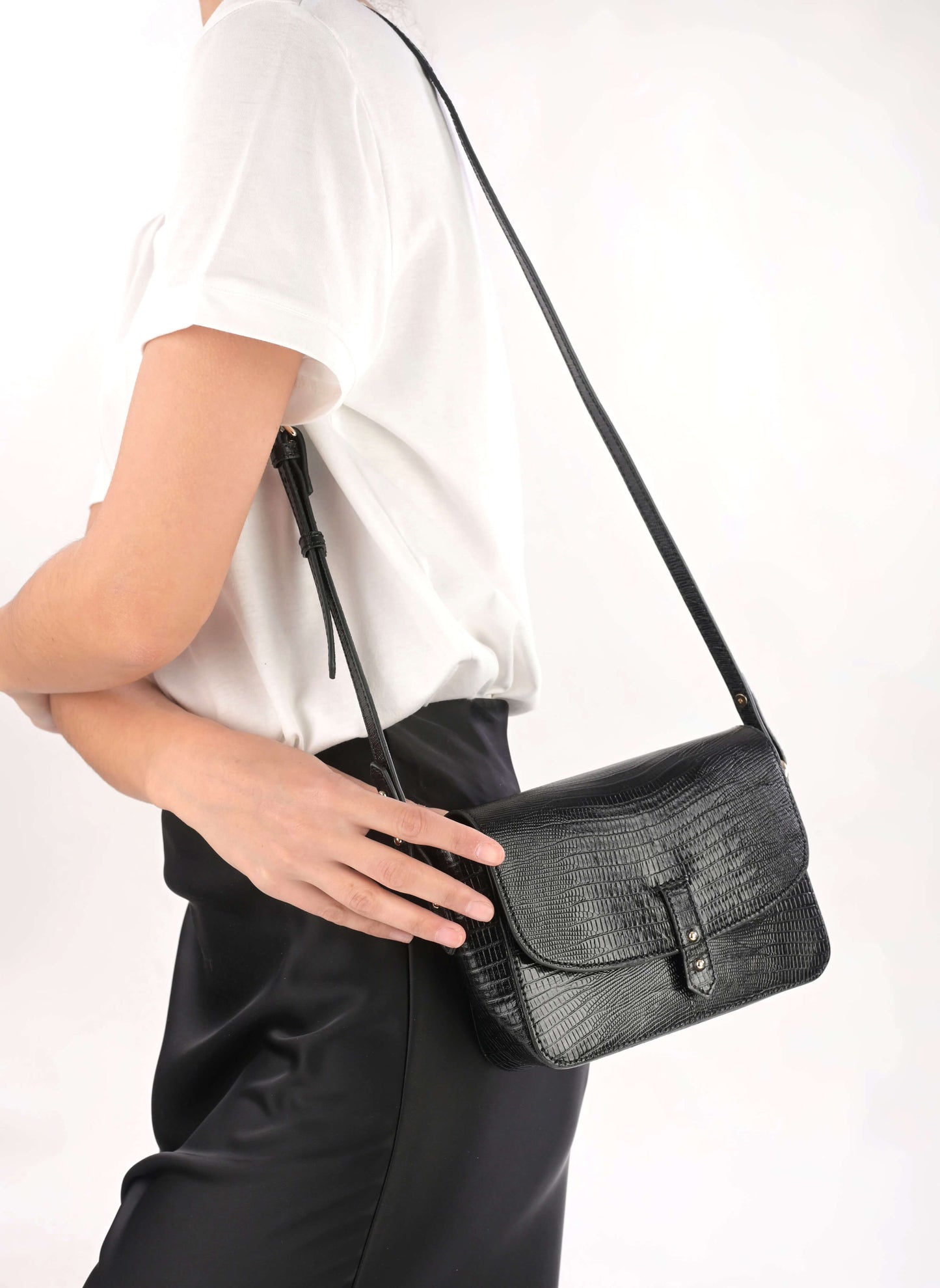Sac bandoulière "Servan" cuir Lézard - Noir