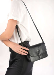 Sac bandoulière "Servan" cuir Lézard - Noir