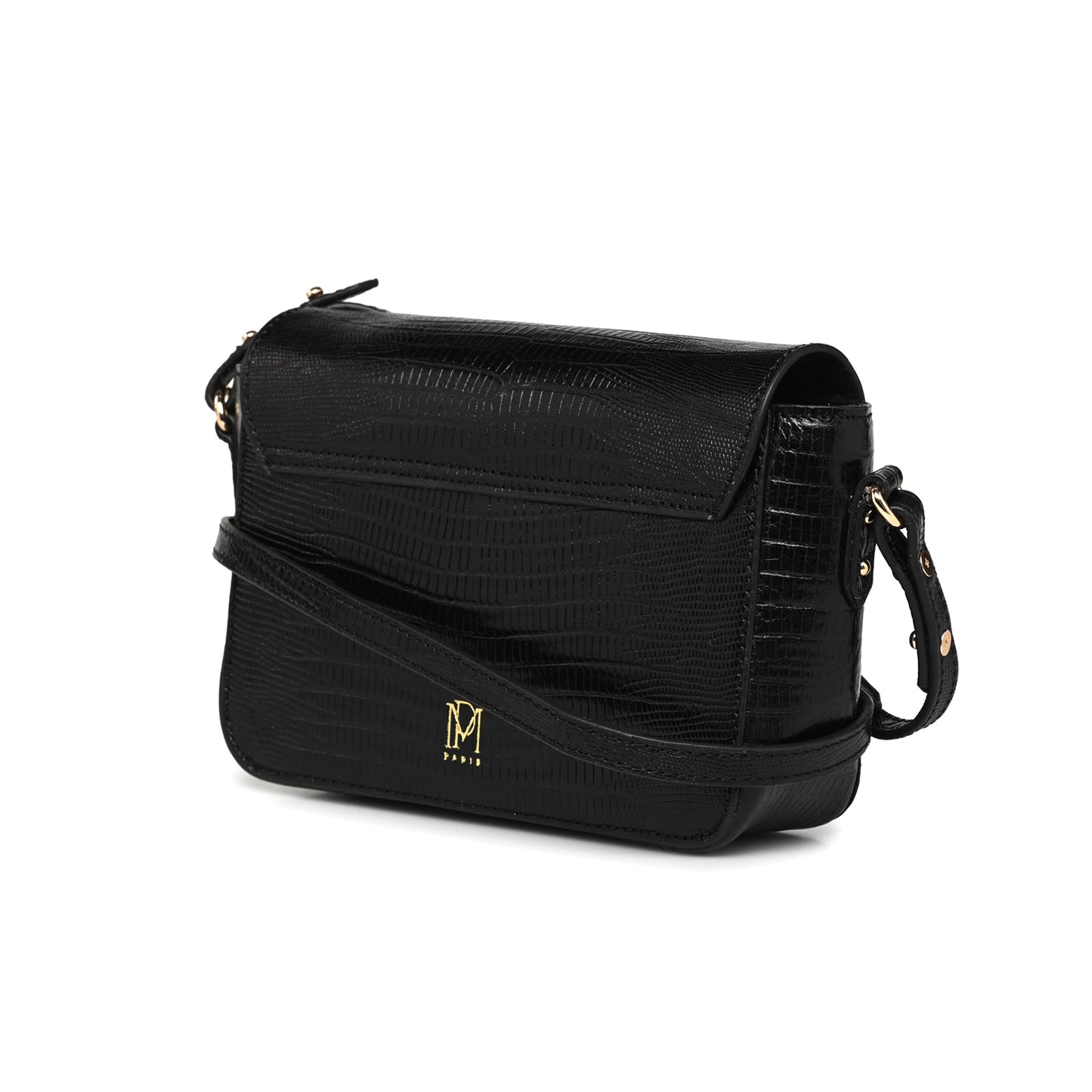 Sac bandoulière "Servan" cuir Lézard - Noir