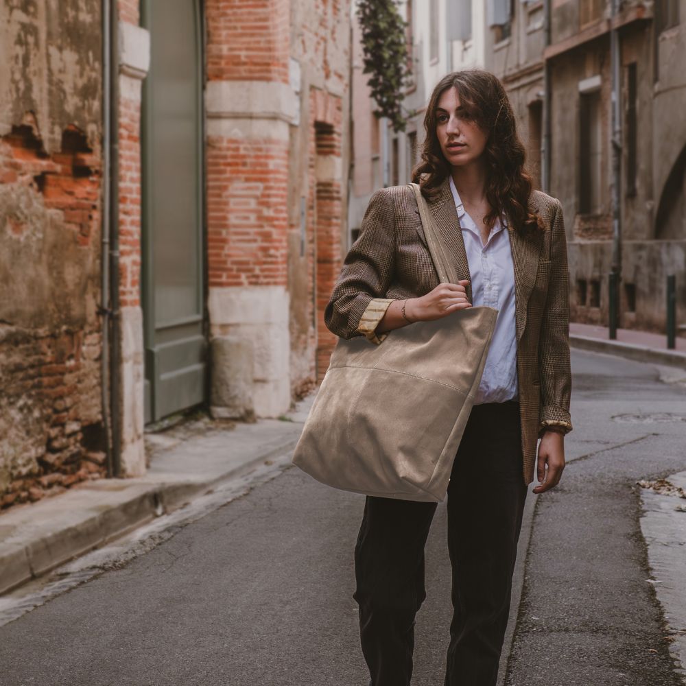 Grand cabas "Taxi" cuir - Taupe