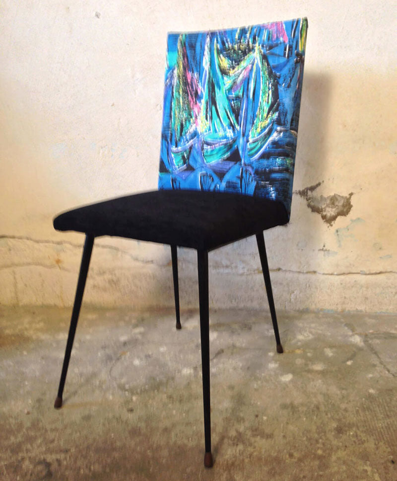Vintage - Chaise 60s pieds compas - Bleu Cyan